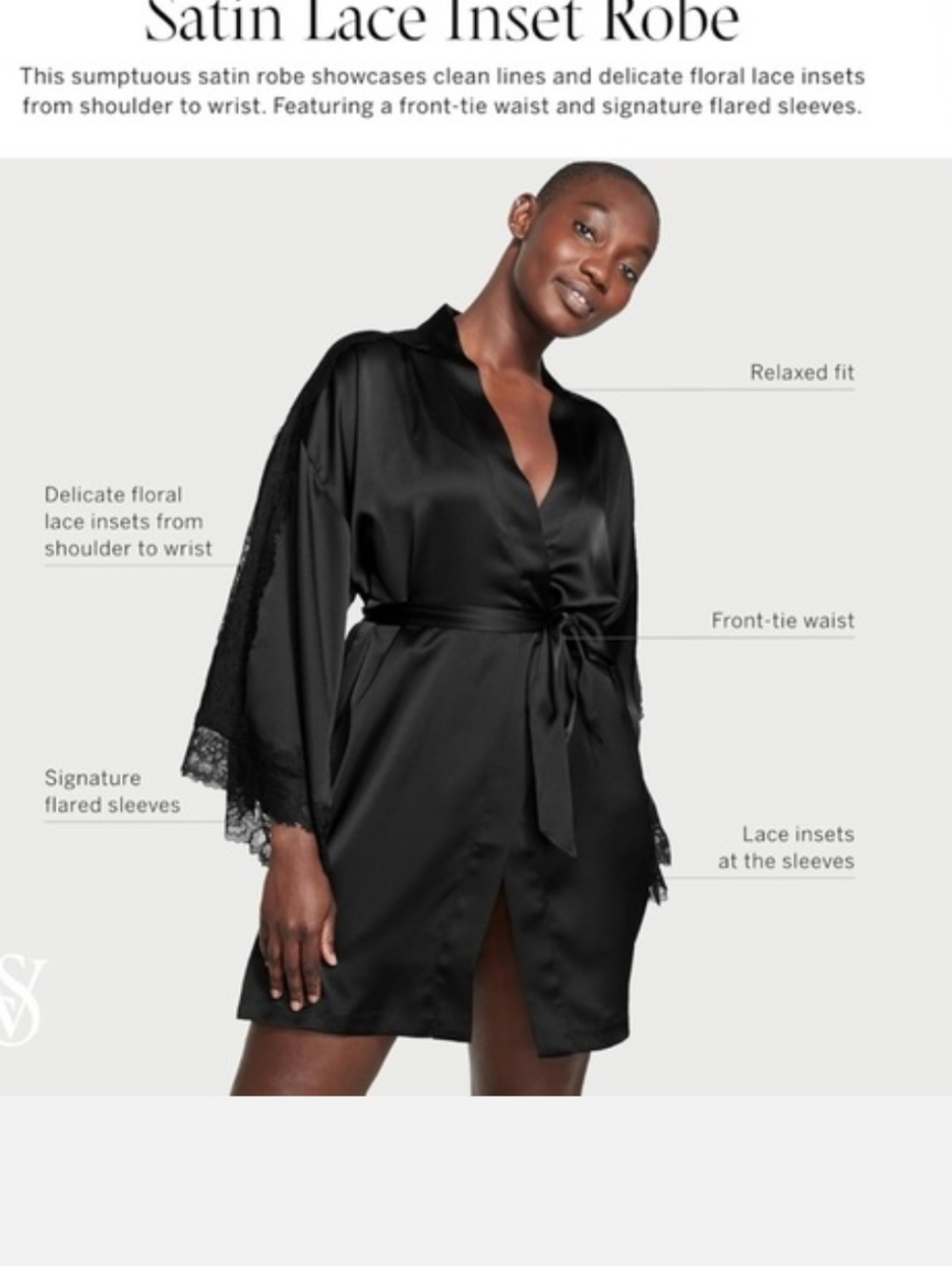 Victoria's Secret Black Soft Black Satin And Lace Robe, Sz. M/L.